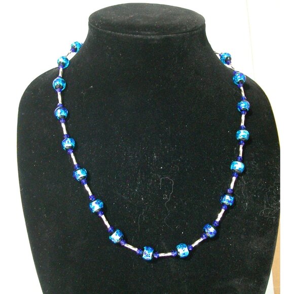 Blue Glass Beaded Necklace & Earrings Set With Silver Accents - Picture 2 of 6